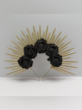 Gold Spike Headband with Black Rose Accents